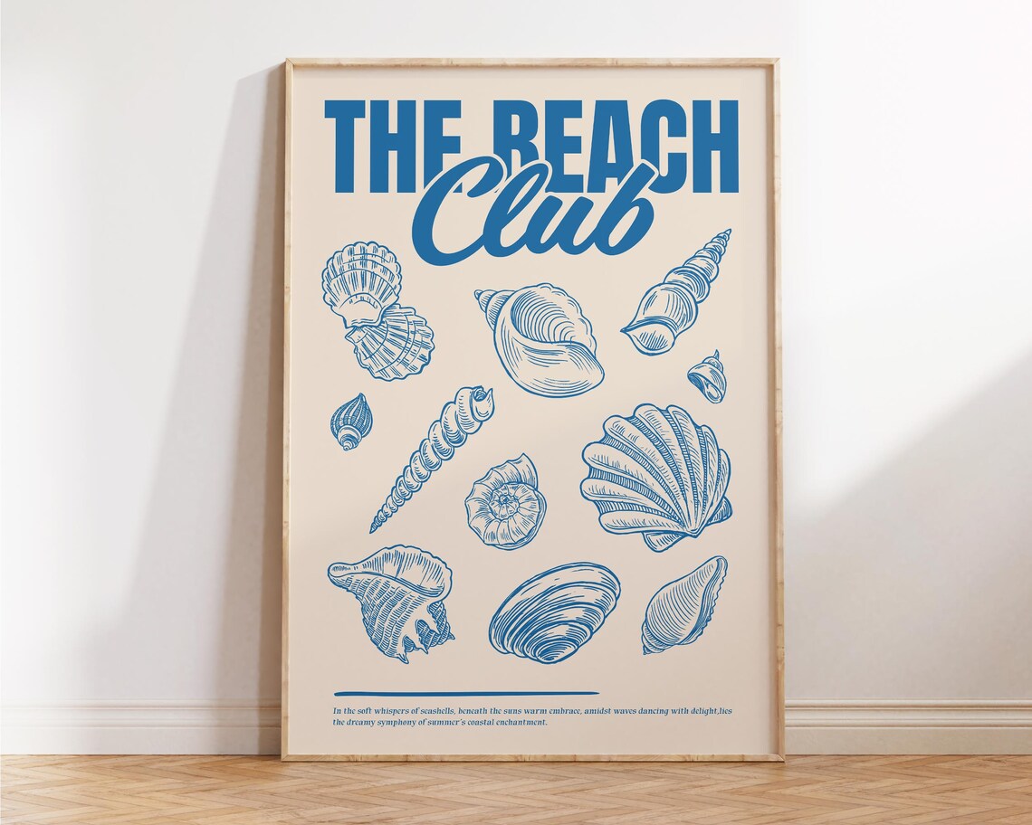The Beach Club Retro Blue Seashell Illustrations Coastal Art Poster - Image 2