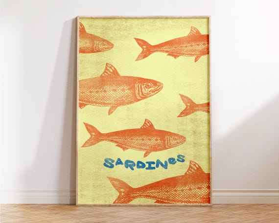 Sardines Print Yellow Kitchen Wall Art Fishes Kitchen Print Gift For Fishing Cute Kitchen Art Trendy Sardine Wall Art Retro Prints