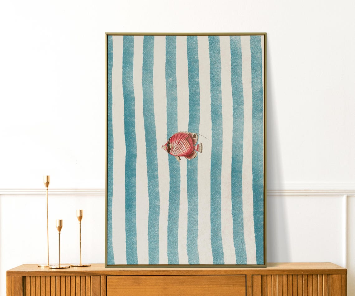 Lone Fish Retro Illustration Blue Striped Coastal Kitchen Wall Print - Image 2