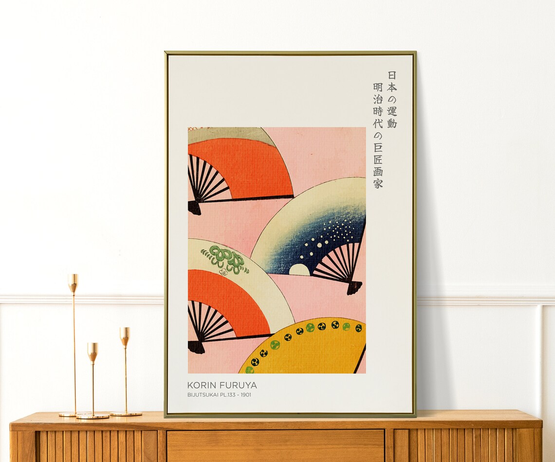 Korin Furuya Bijutsukai Japanese Fan Woodblock Pink Gold 1901 Print