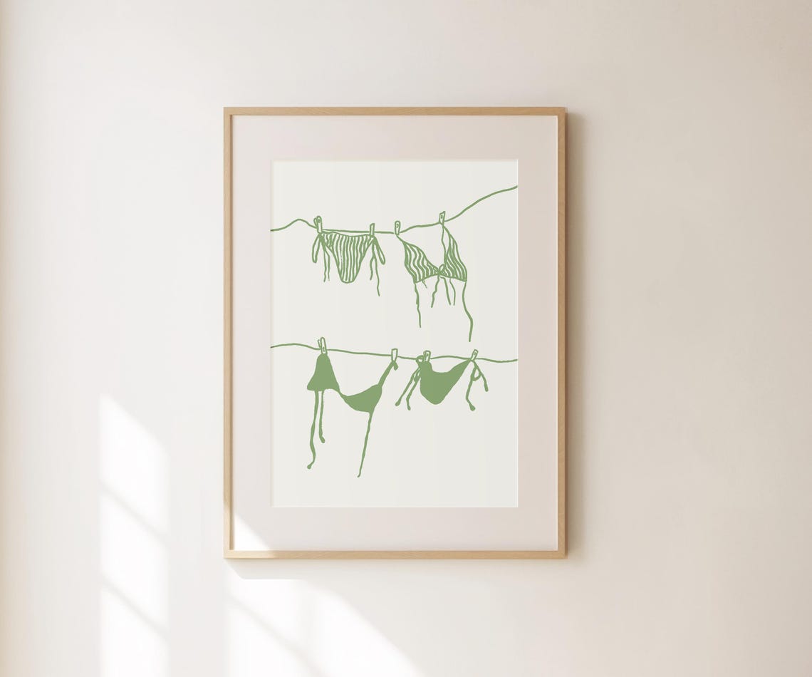 Bikini Clothesline Illustration Sage Green Coastal Summer Beach Poster - Image 2