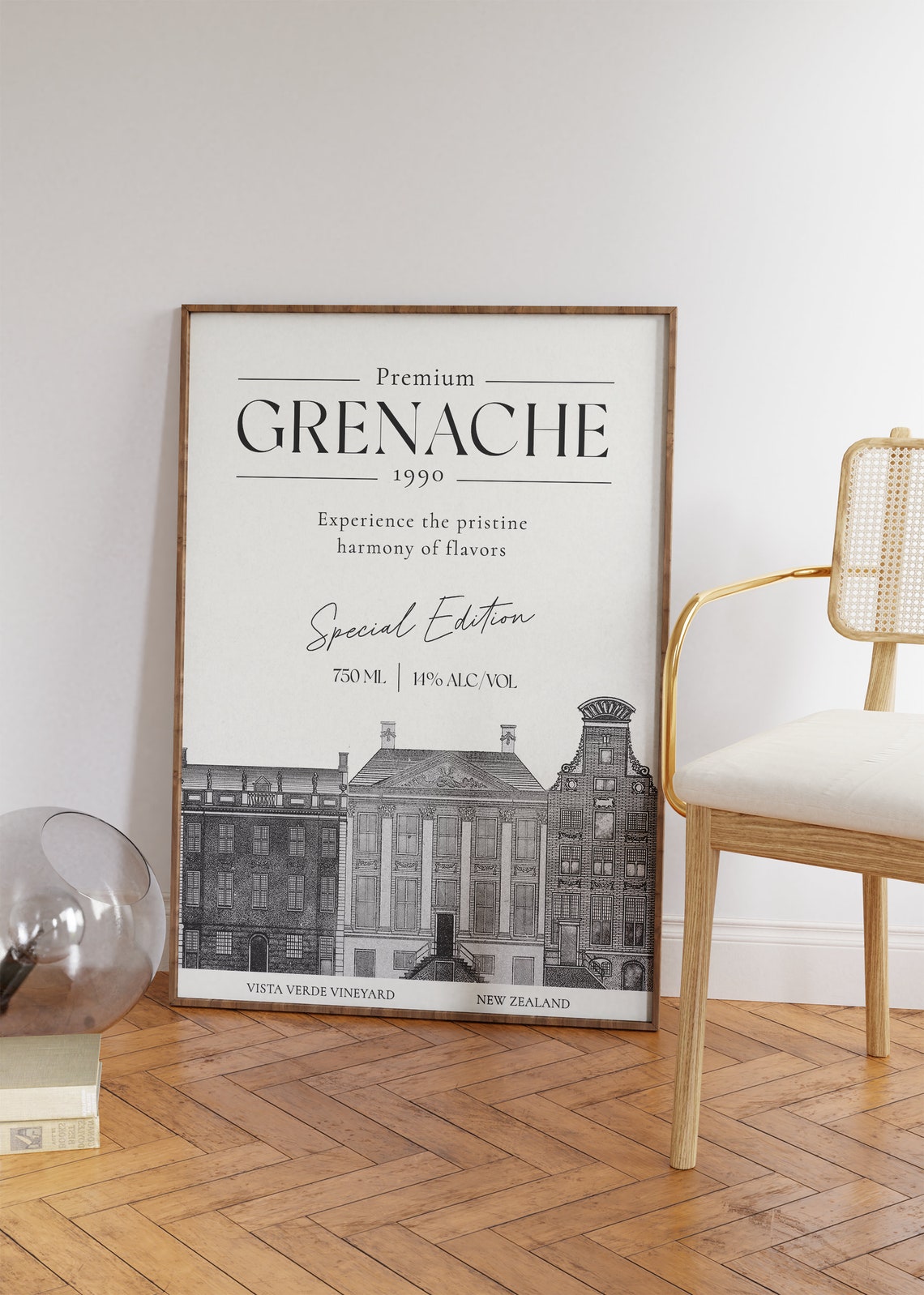 Premium Grenache 1990 Wine Label Poster Vineyard Bar Cart Wall Art