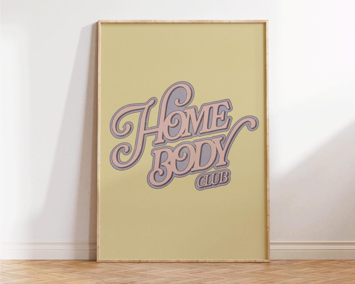 Home Body Club Retro Swirly Peach Script Lettering Yellow Art Poster - Image 2