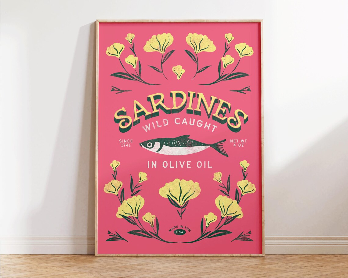 Sardines Wild Caught Olive Oil Pink Sardine Tin Floral Kitchen Poster