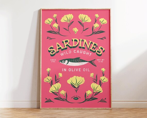 Sardines Print Sardine Tin Vintage Poster Retro Sardine Wall Art Fish Print Eclectic Wall Art Colorful Kitchen Art Maximalist Poster