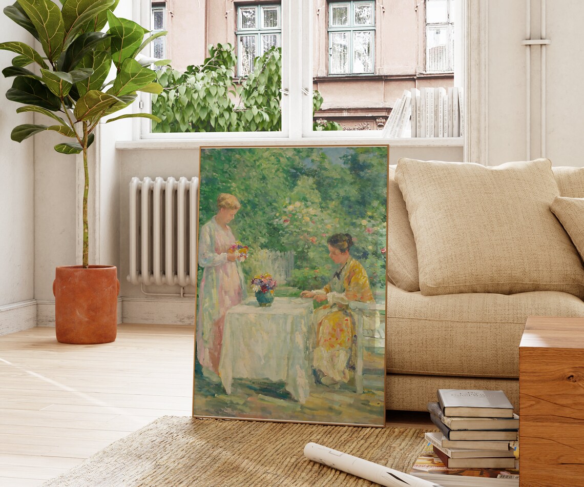 Impressionist Garden Women Picking Flowers Sunny Vintage Art Poster - Image 4