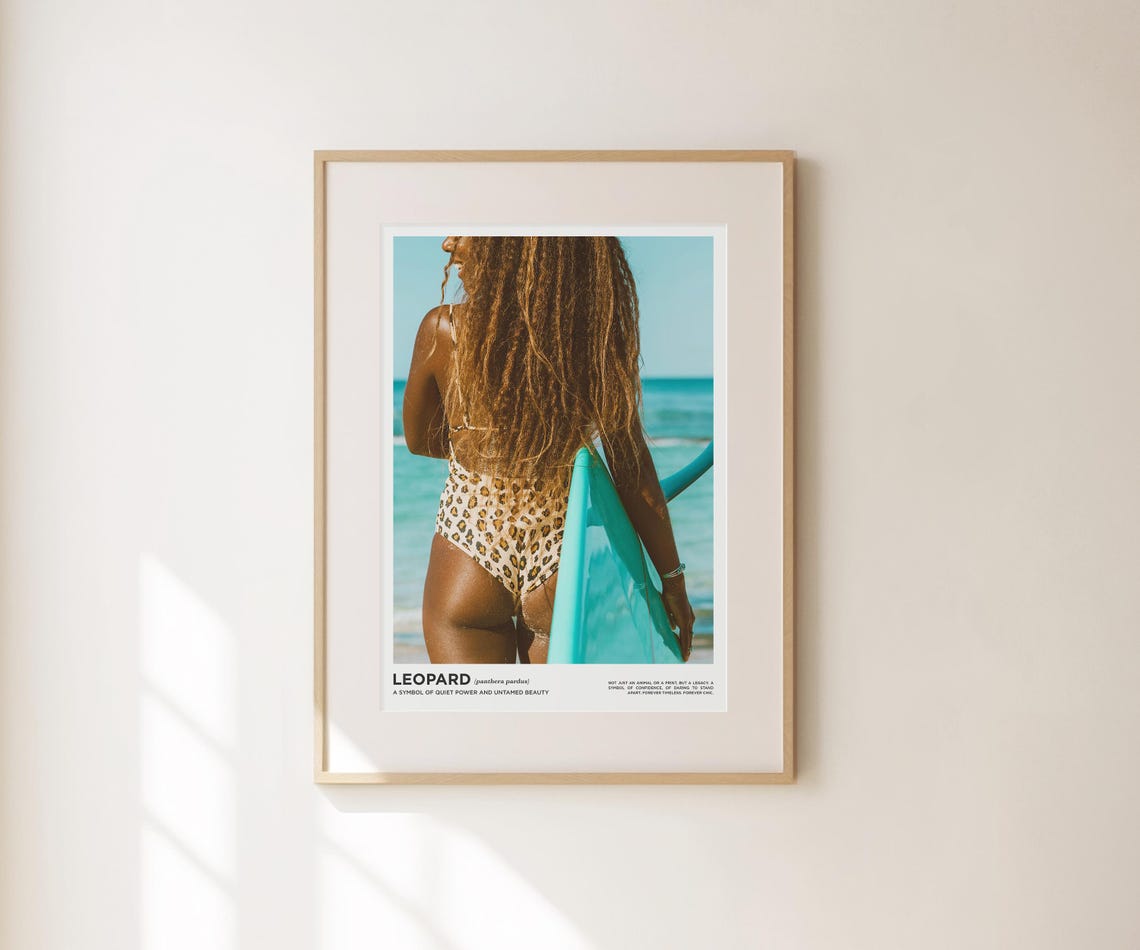 Leopard Swimsuit Surfer Girl Teal Board Beach Photo Wall Poster - Image 3