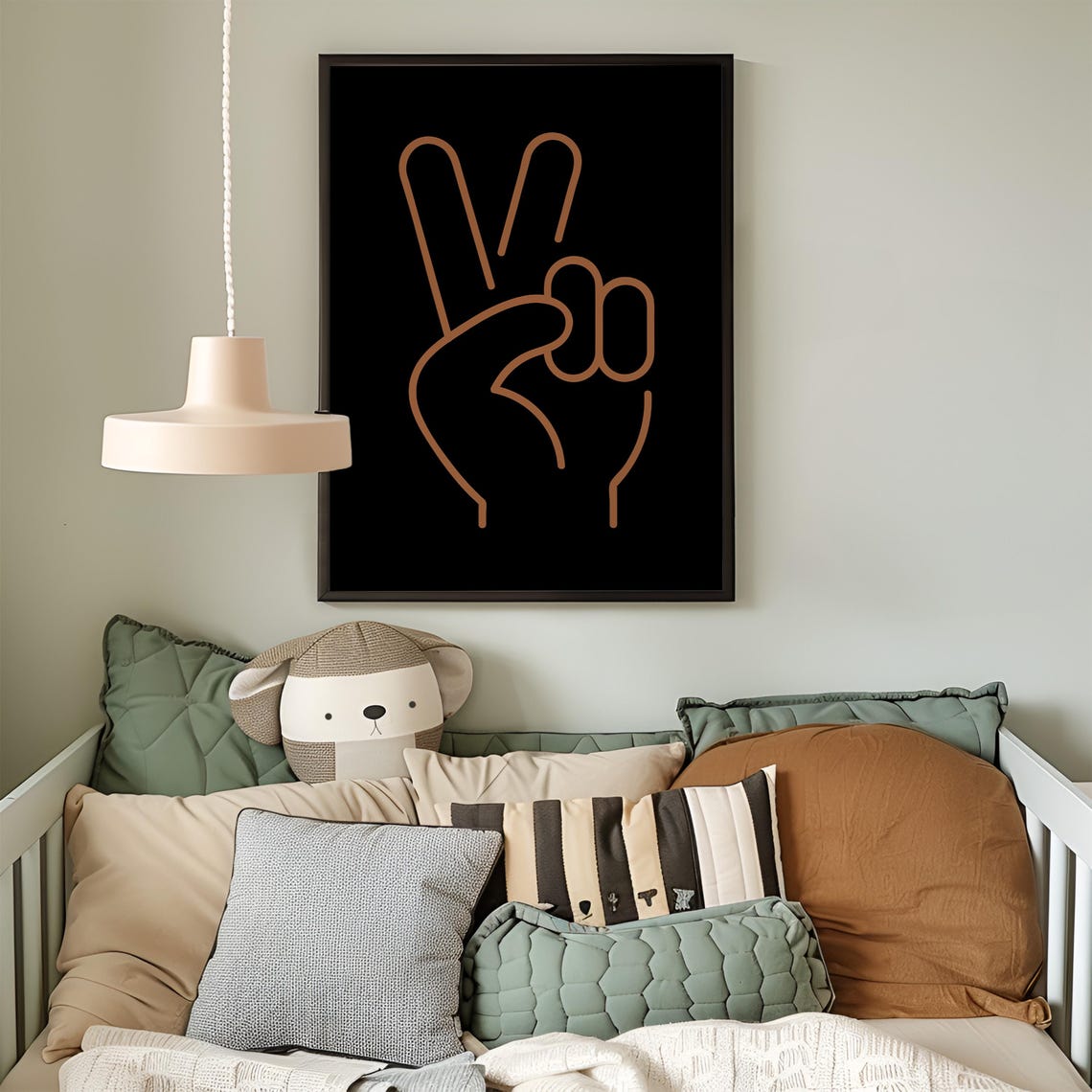 Peace Hand Sign Line Art Poster Black Background Boho Retro Kids Room