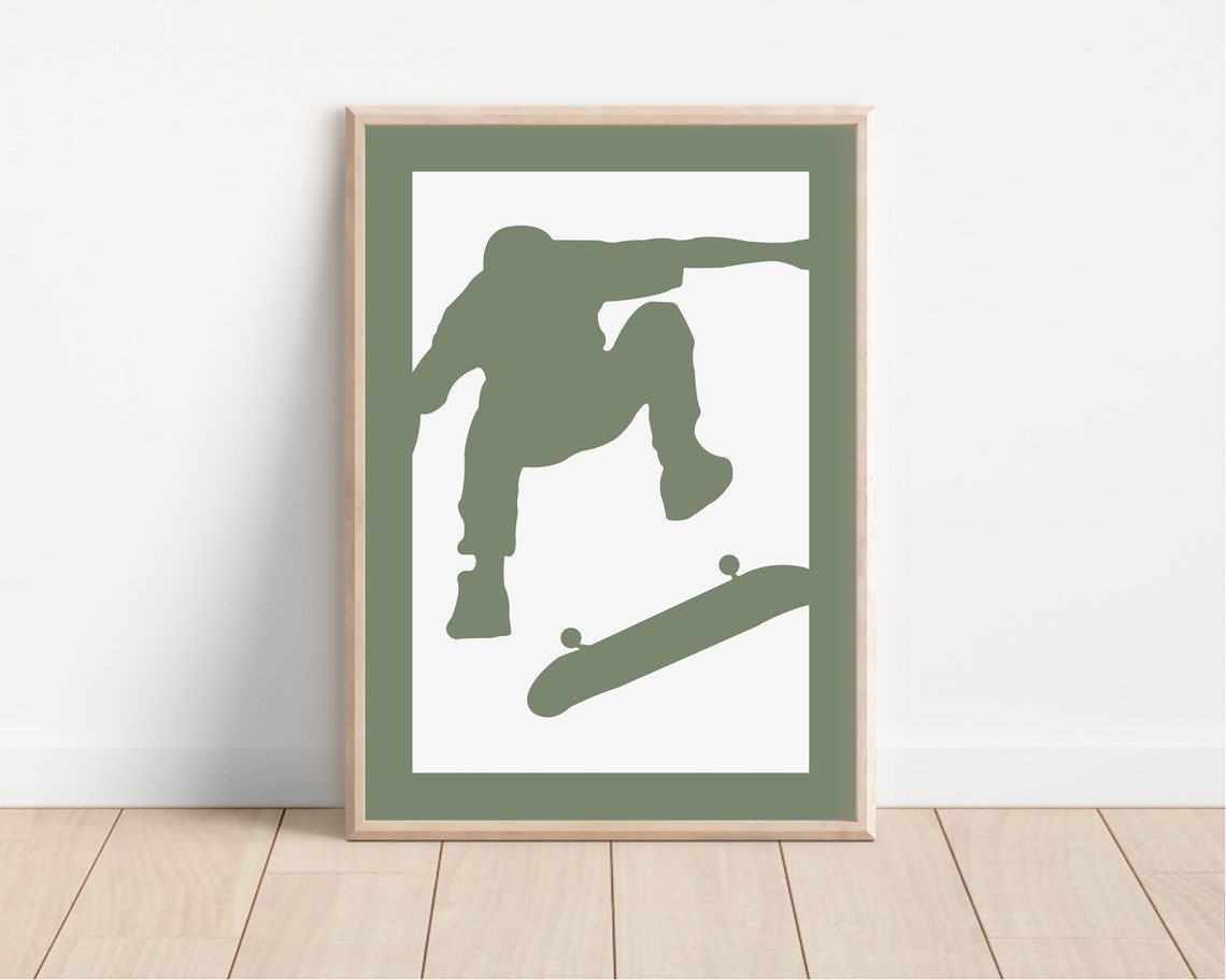 Olive Green Skateboarder Silhouette Poster Trick Jump Boys Room Decor - Image 2