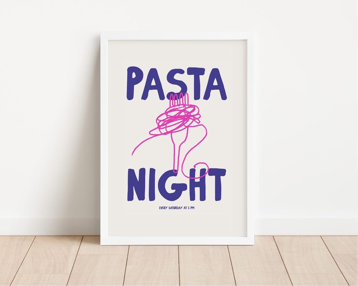 Pasta Night Every Saturday at 5 PM Hand Drawn Spaghetti Kitchen Print - Image 2