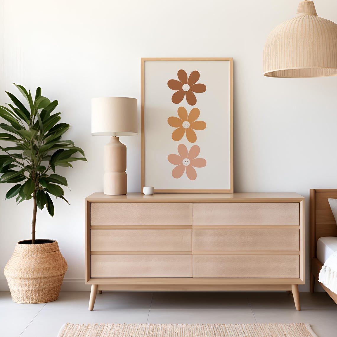 Smiling Daisy Flowers Poster Retro Earth Tones Boho Nursery Room Decor - Image 4