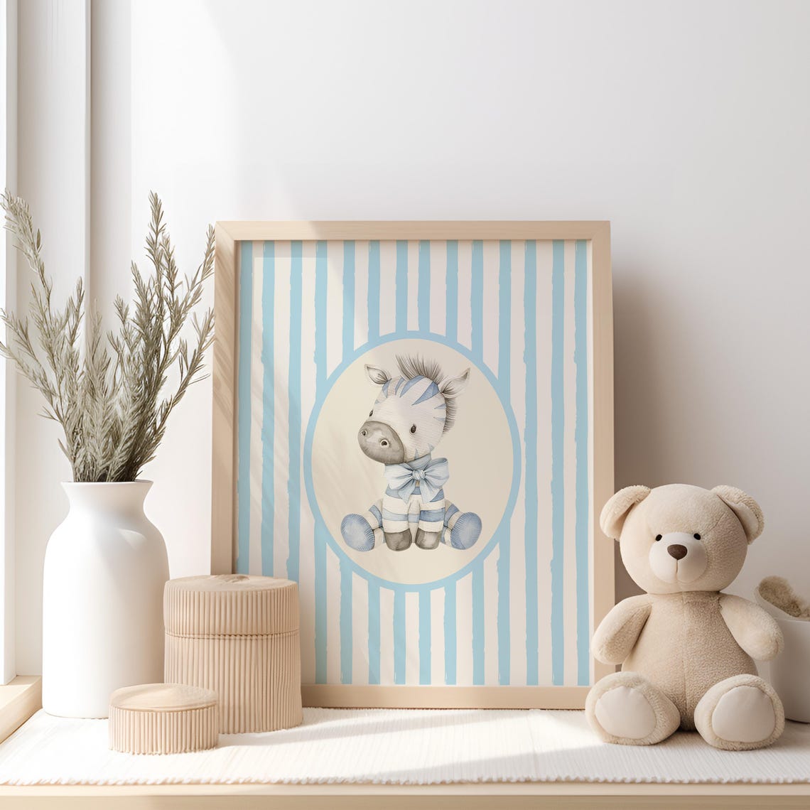Zebra Foal Watercolor Blue Stripes Cute Baby Nursery Art Poster