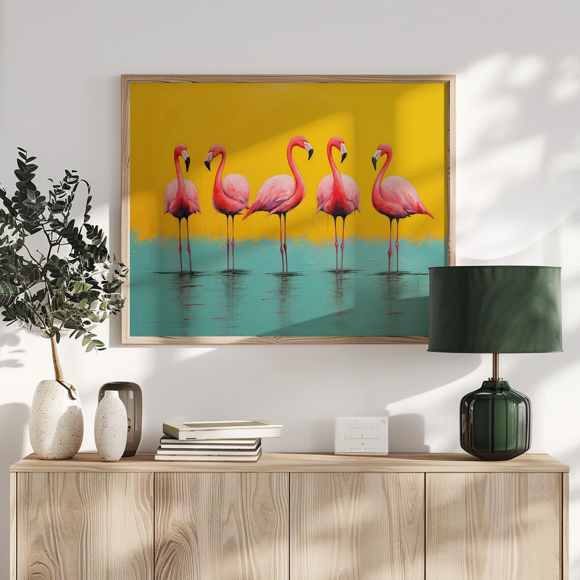 Five Pink Flamingos Turquoise Water Yellow Sky Pop Art Poster - Image 2