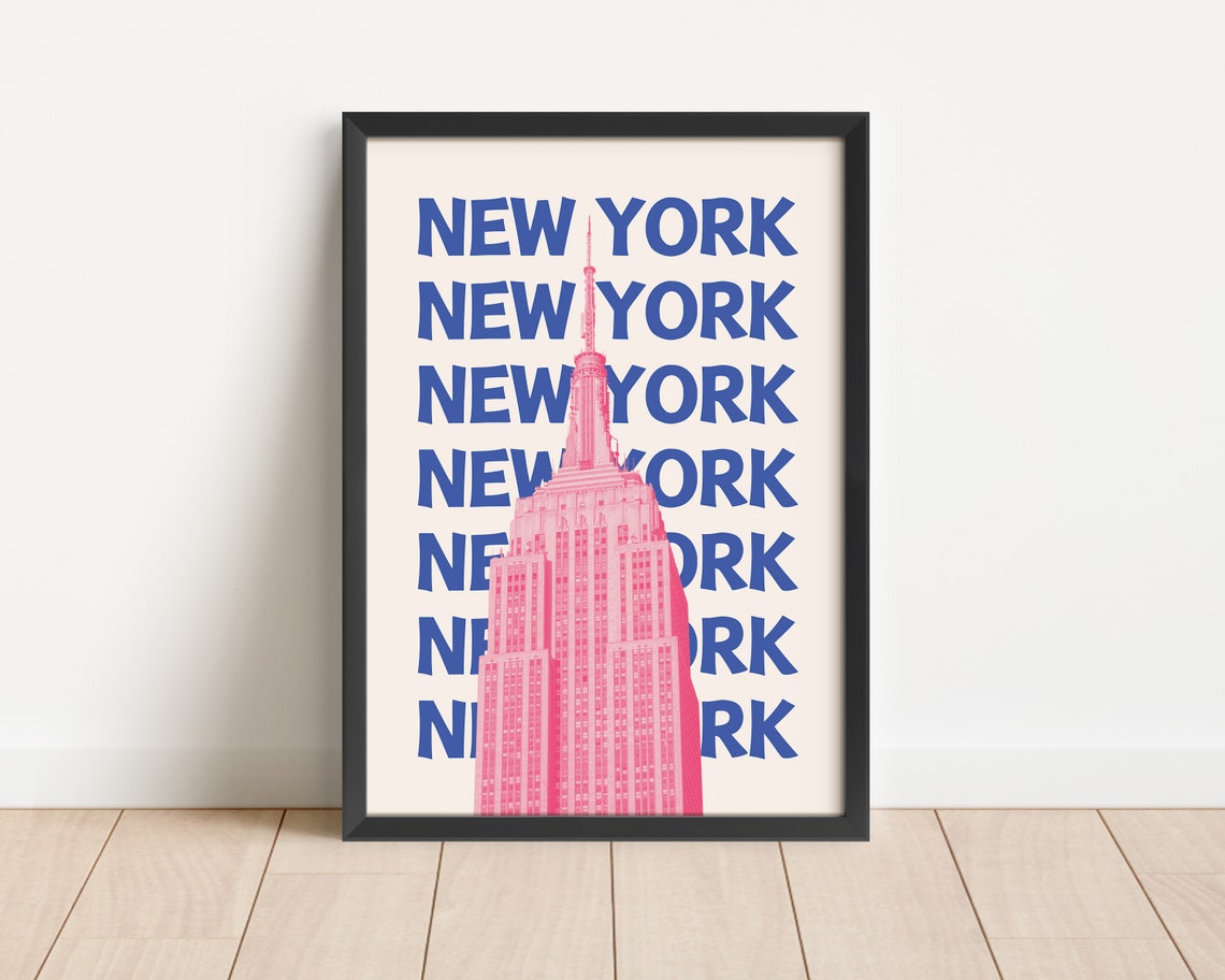 New York Retro Blue Pink Empire State Building Travel Poster - Image 3