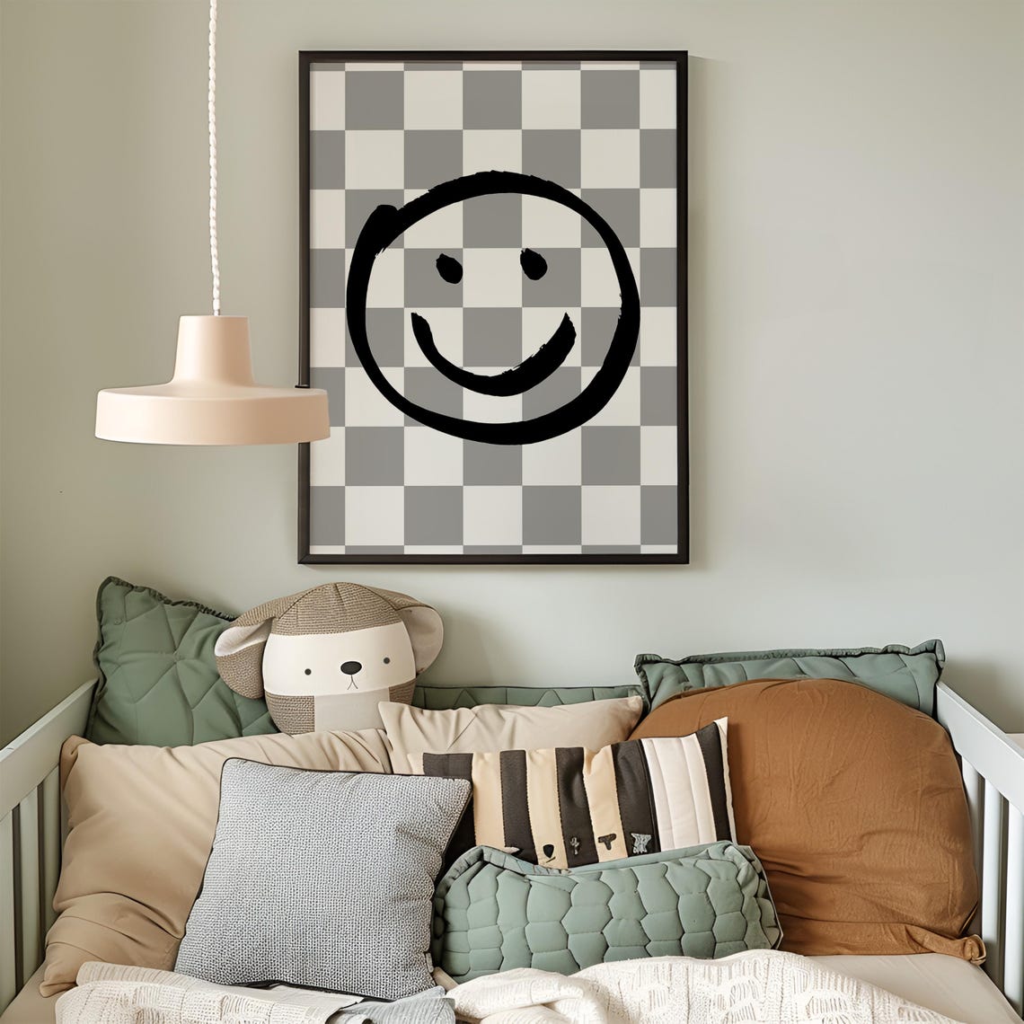 Retro Smiley Face Checkerboard Poster Grey Groovy Kids Room Decor