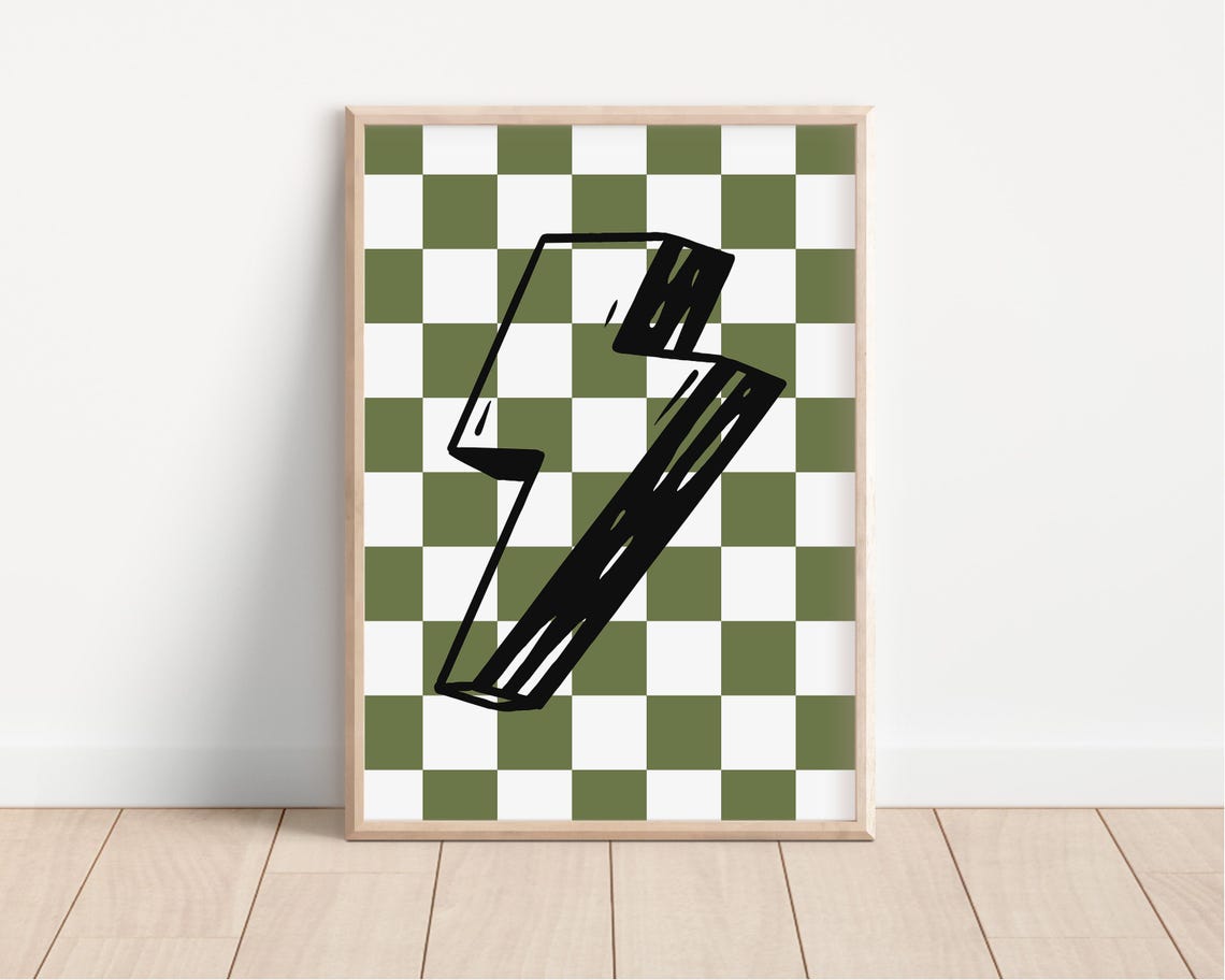 Retro Lightning Bolt Sage Green Checkerboard Kids Room Poster - Image 3