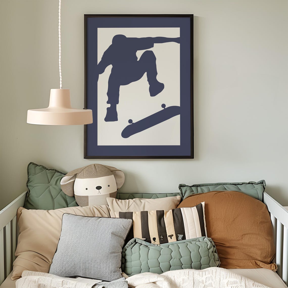 Navy Skateboarder Trick Silhouette Poster for Kids Skateboard Bedroom