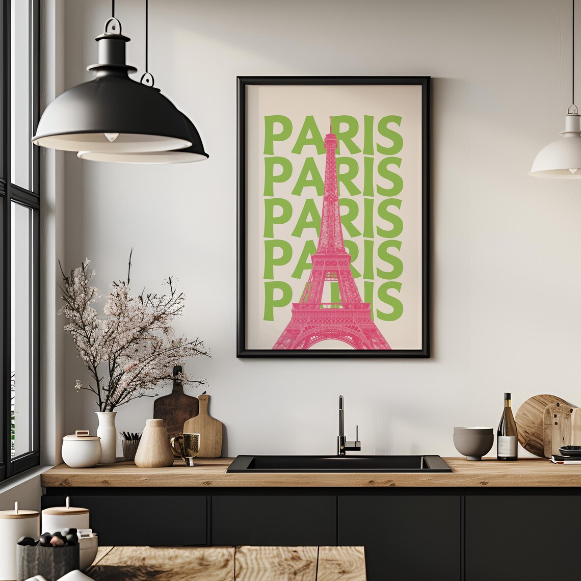 Paris Retro Green Pink Eiffel Tower France Summer Travel Poster - Image 4