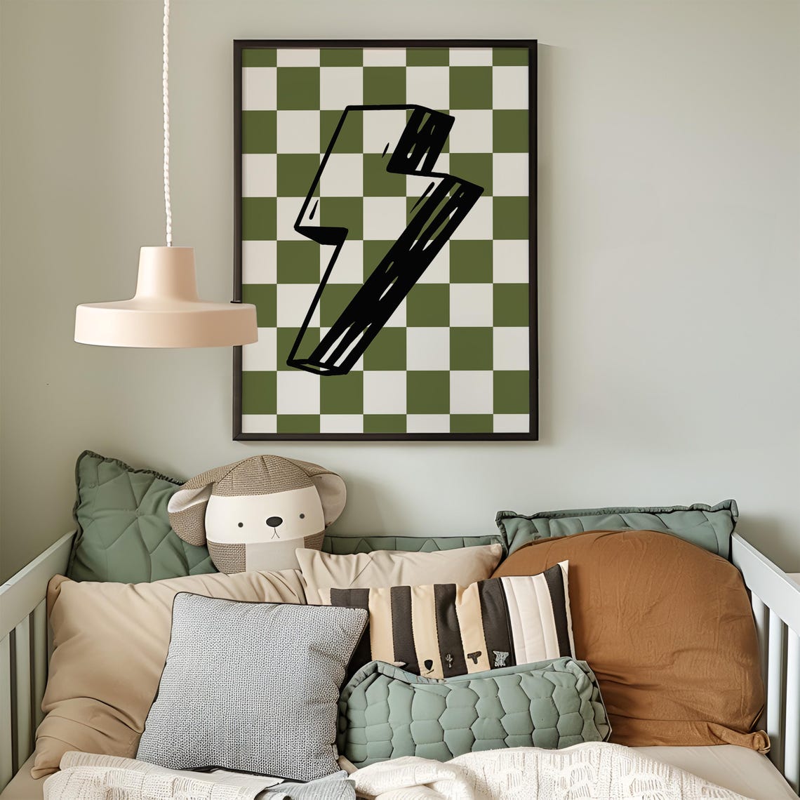 Retro Lightning Bolt Sage Green Checkerboard Kids Room Poster