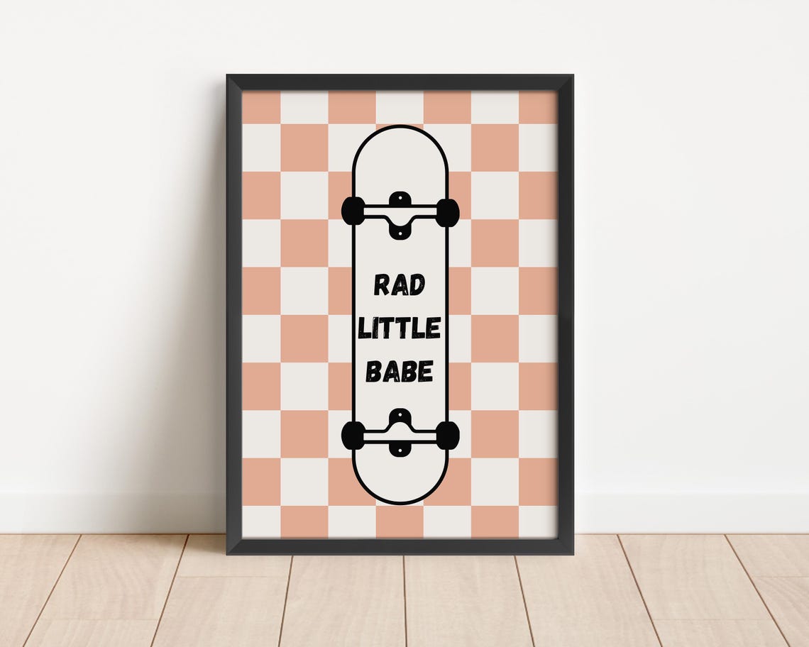 Rad Little Babe Skateboard Peach Checkered Nursery Room Poster - Image 3