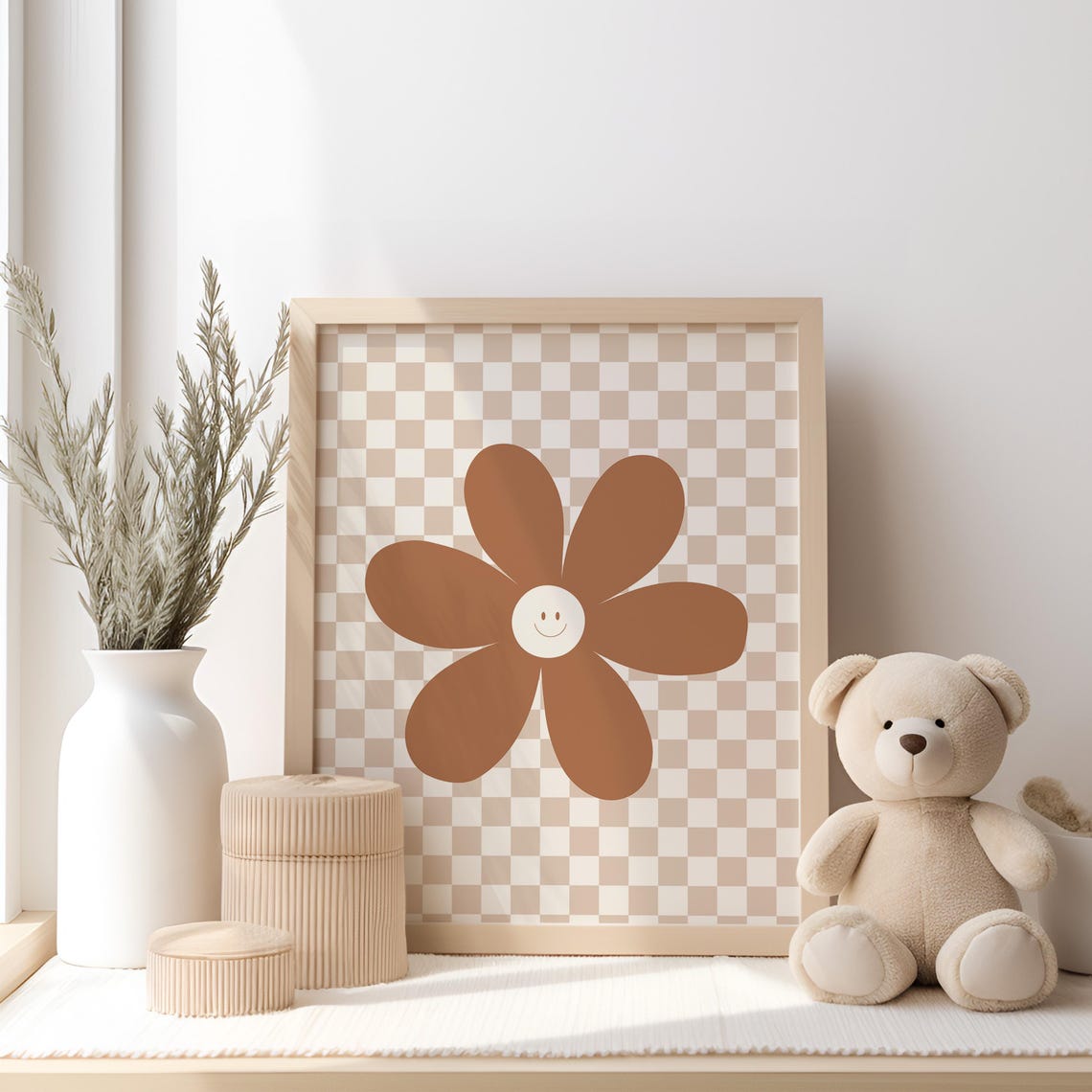 Smiley Daisy Burnt Orange Retro Checkerboard Wall Decor Poster - Image 4