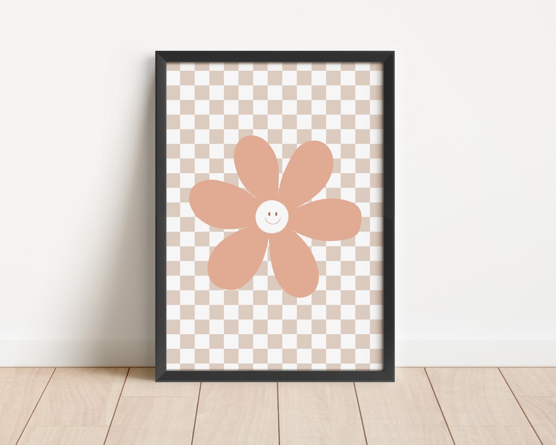 Happy Daisy Peach Terracotta Checkerboard Kids Room Art Poster - Image 3