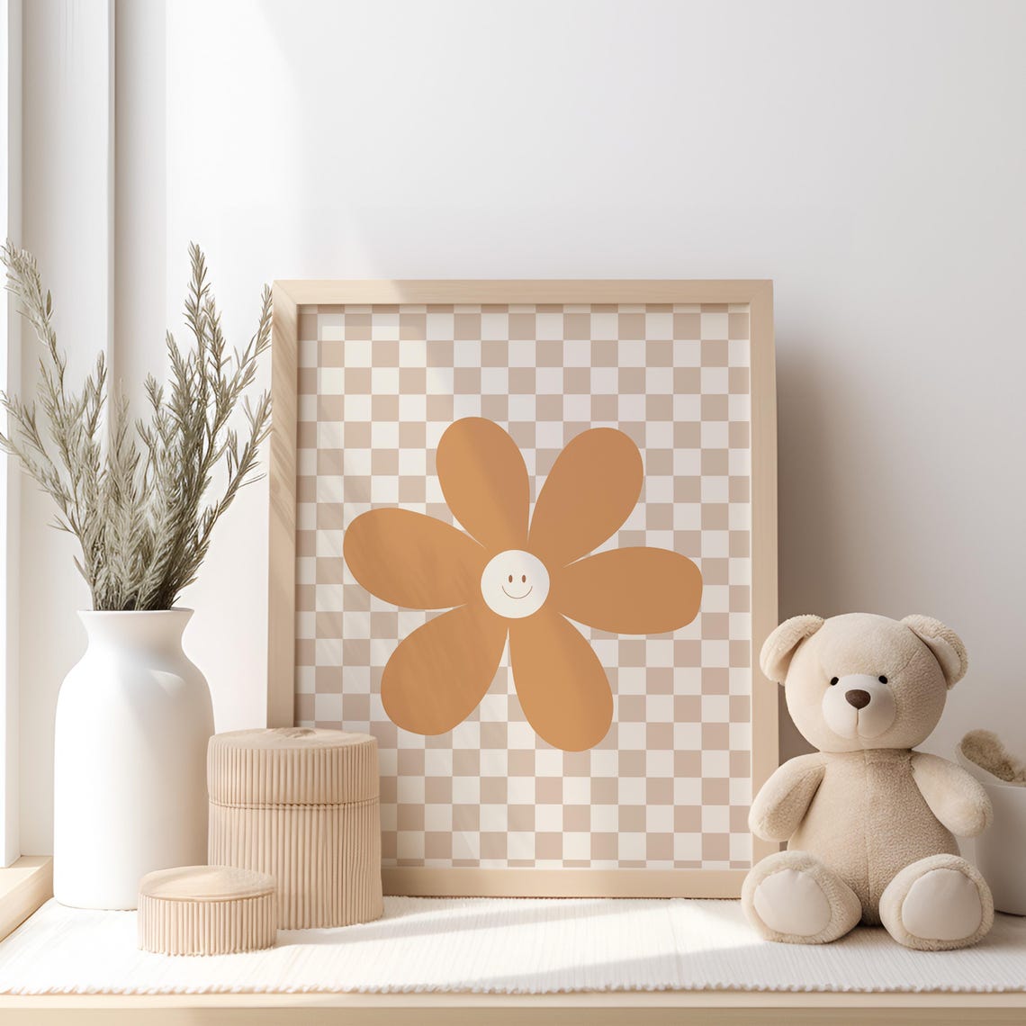 Smiling Daisy Mustard Yellow Checkerboard Nursery Decor Poster - Image 2