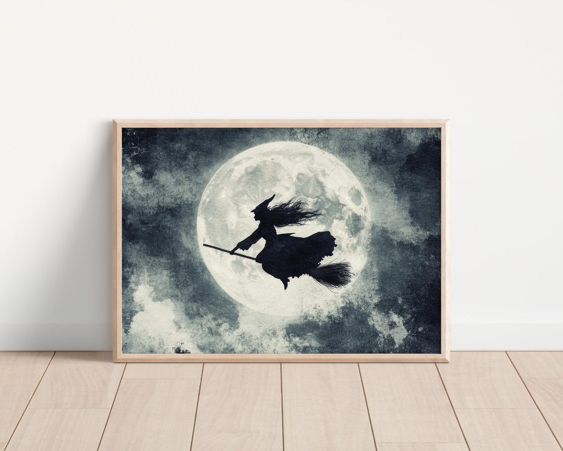 Witch Silhouette On Broomstick Flying Across Full Moon Poster - Image 3