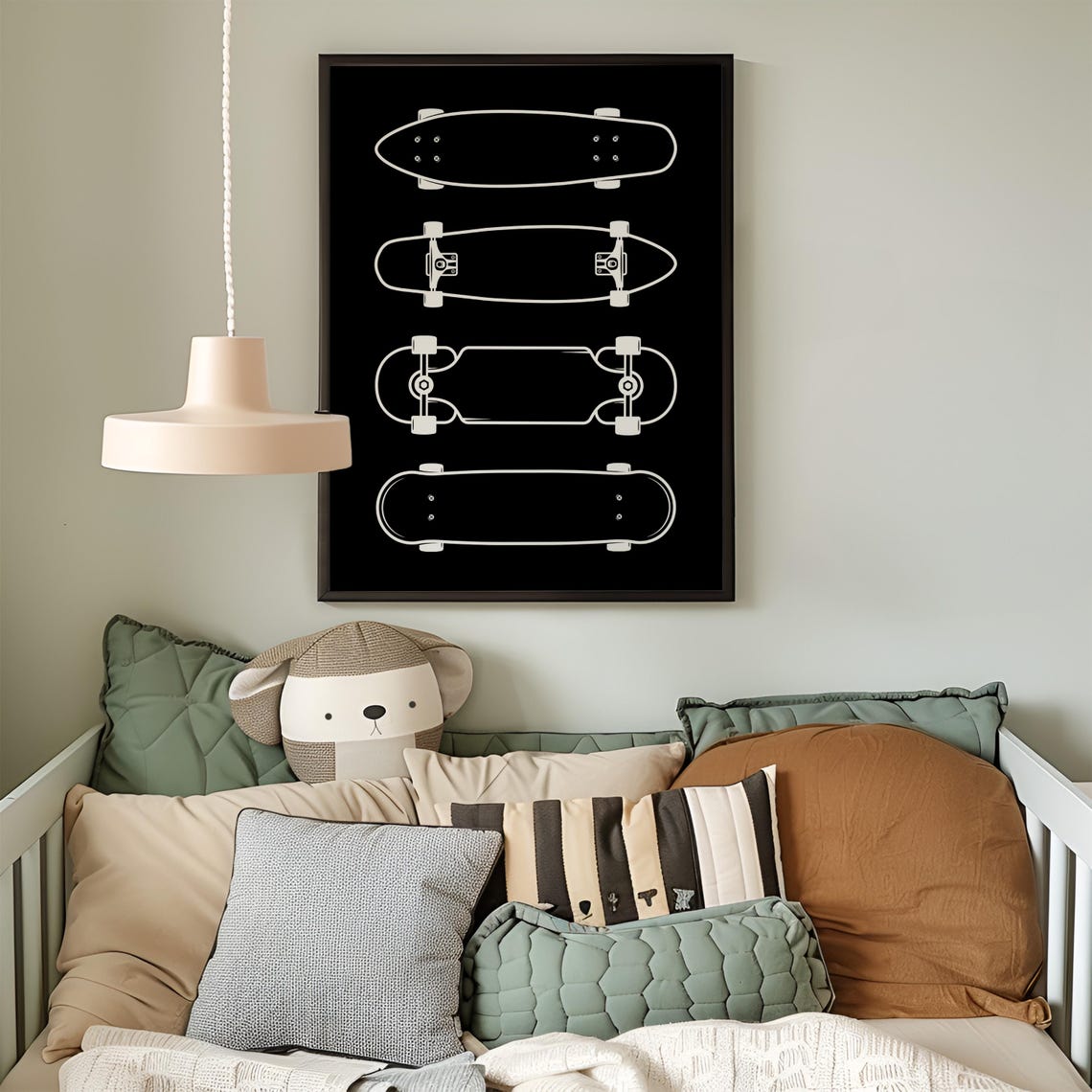 Four Skateboard Decks Line Illustration Black White Kids Room Poster