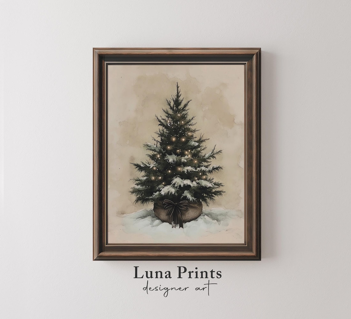Christmas Tree Painting, Vintage Neutral Holiday Poster
