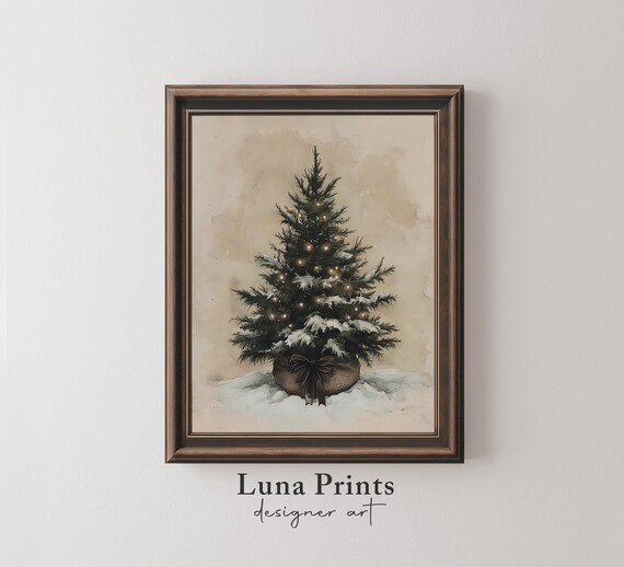 Christmas Tree Painting, Vintage Neutral Holiday Poster