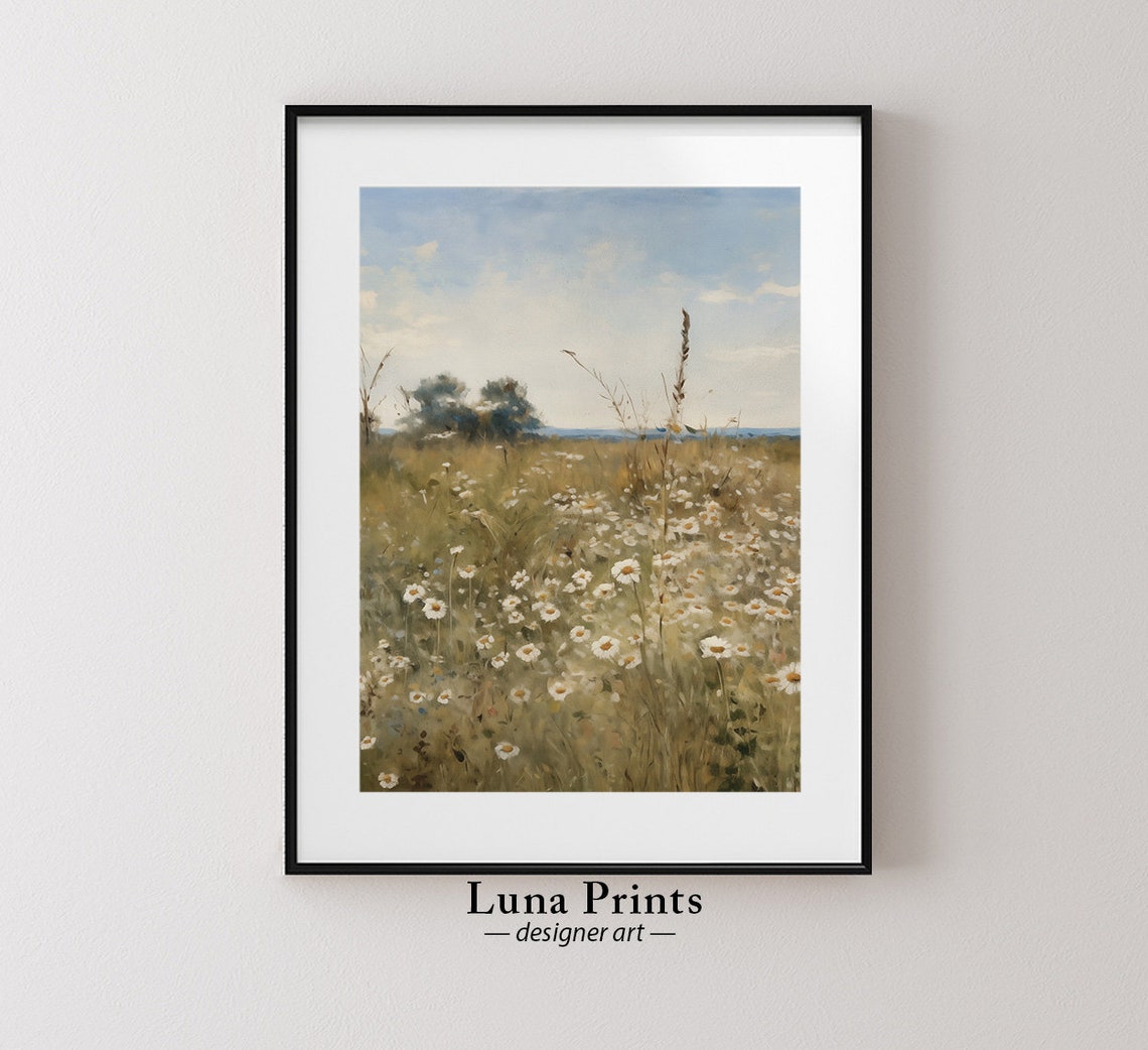 Wildflower Daisy Meadow Under Blue Sky Impressionist Nature Poster