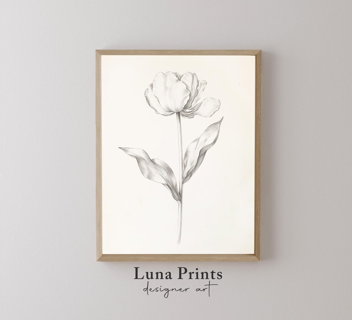 Tulip Botanical Sketch Monochrome Pencil Drawing Vintage Floral Poster