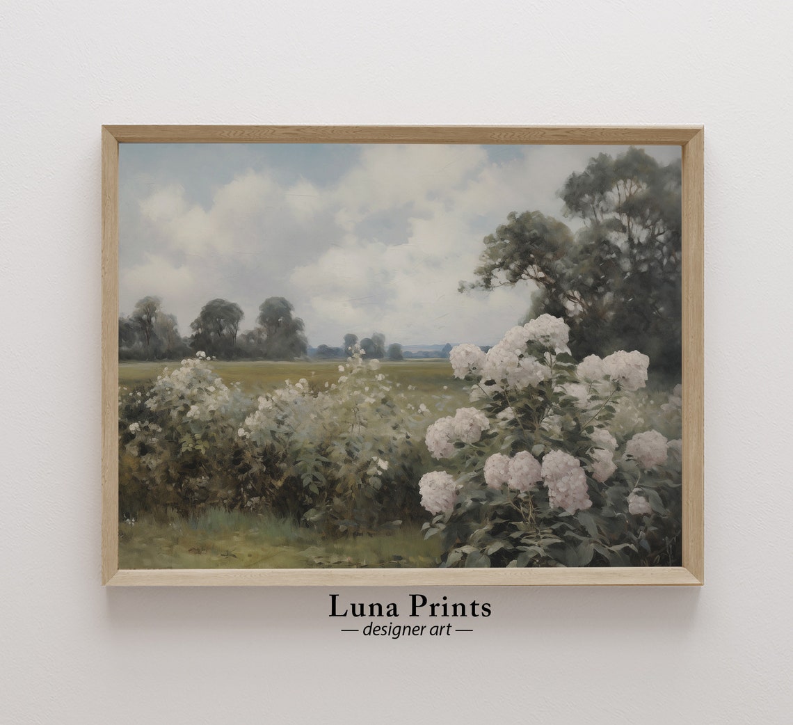 White Hydrangeas Blooming Meadow Cloudy Sky Vintage Landscape Poster