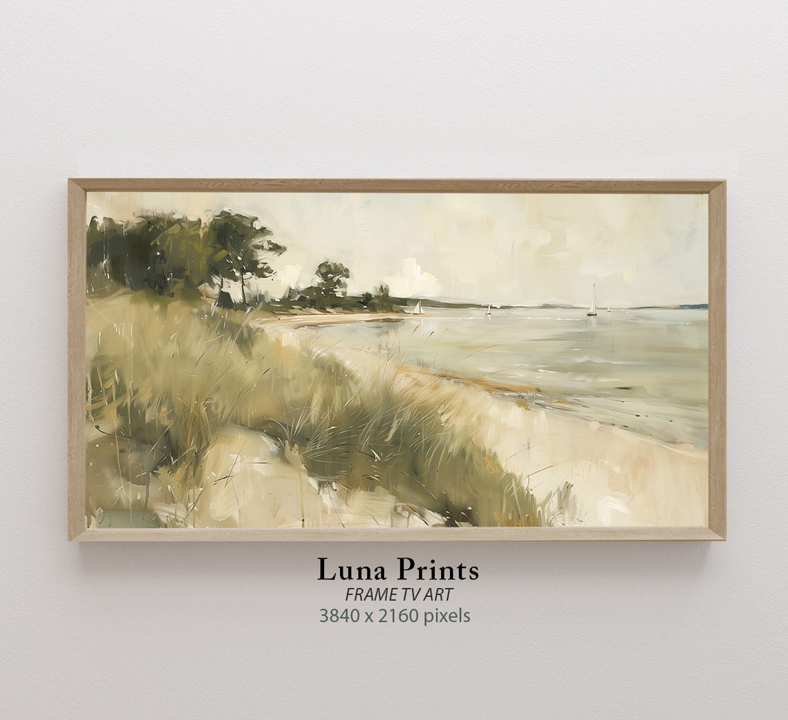 Coastal Dunes Beach Grass and Sailboats Pale Sage Watercolor Poster