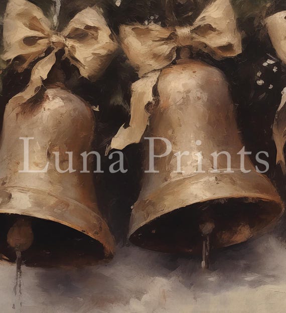 Rustic Holiday Bells Art Print, Vintage Christmas Winter