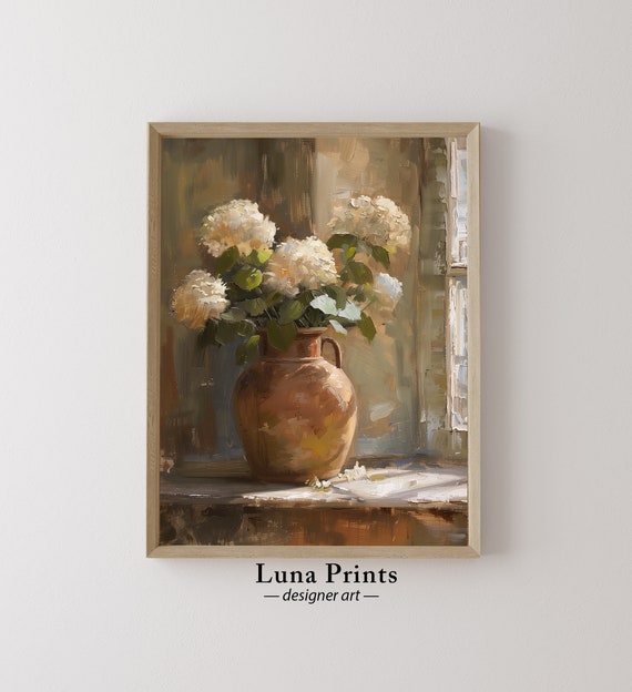 Muted Hydrangeas Painting, Toned Floral Art Print