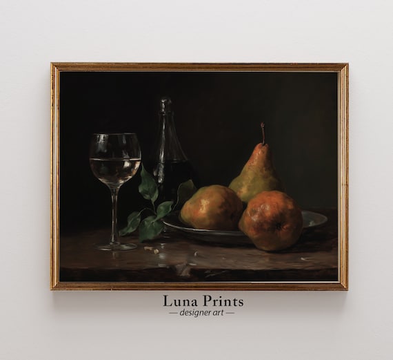 Elegant Wine Glass and Pears Dark Moody Vintage Still Life Poster