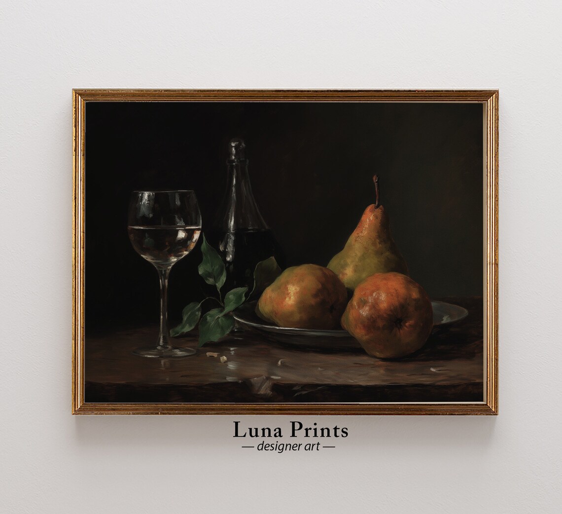 Elegant Wine Glass and Pears Dark Moody Vintage Still Life Poster