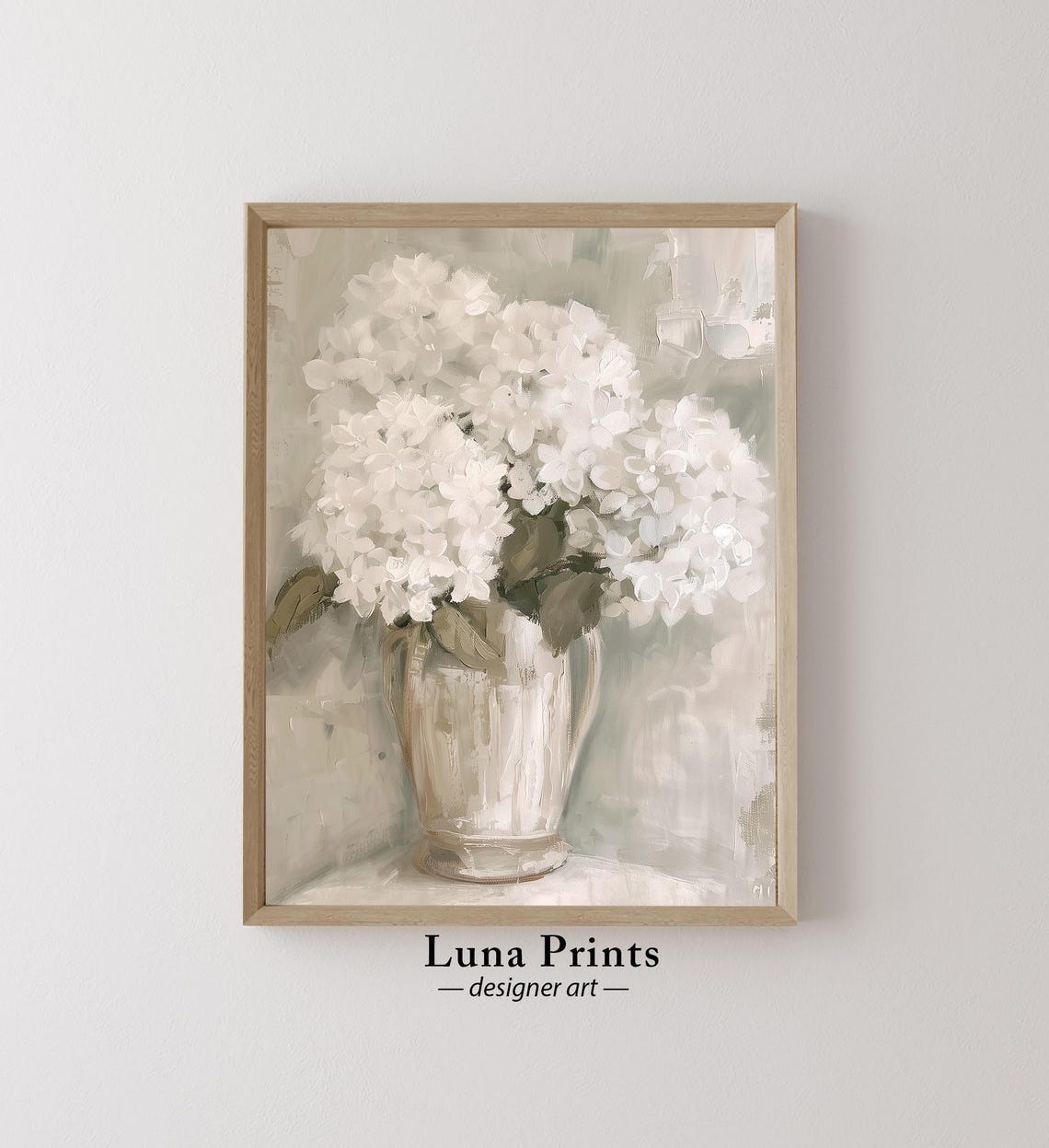 White Hydrangeas in Glass Vase Impressionist Floral Wall Art