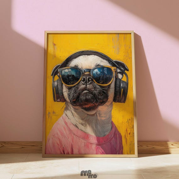 Dj Dog Funny Pug In Headphones And Sunglasses Oil Painting Poster Cool Pet Portrait Gift For Music Fans Lovers Home Decor