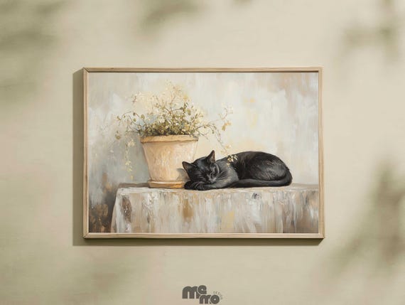 Sleeping Black Cat Rustic Minimalist Boho Art Print