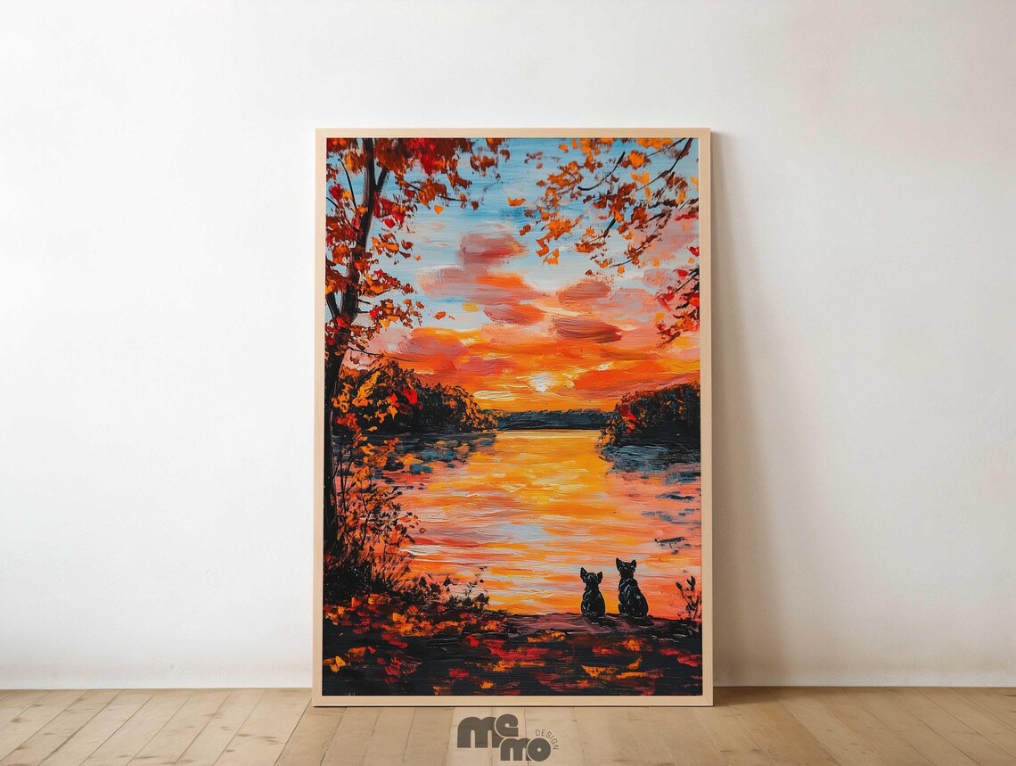 Two Cats Watching Autumn Sunset Art Print