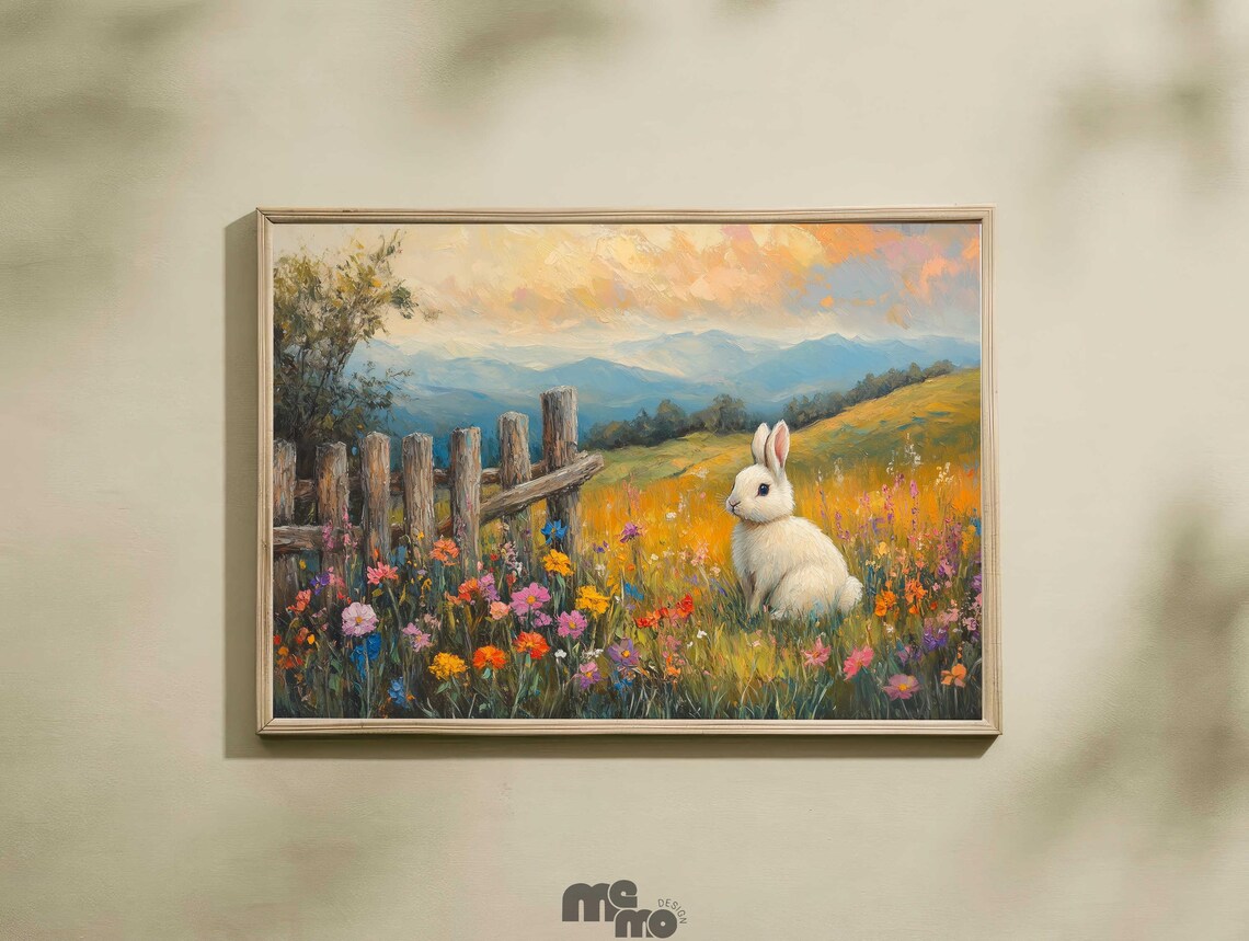 White Bunny in a Wildflower Meadow With Wooden Fence Spring Art Print