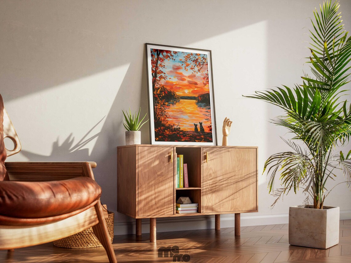 Two Cats Watching Autumn Sunset Art Print - Image 3