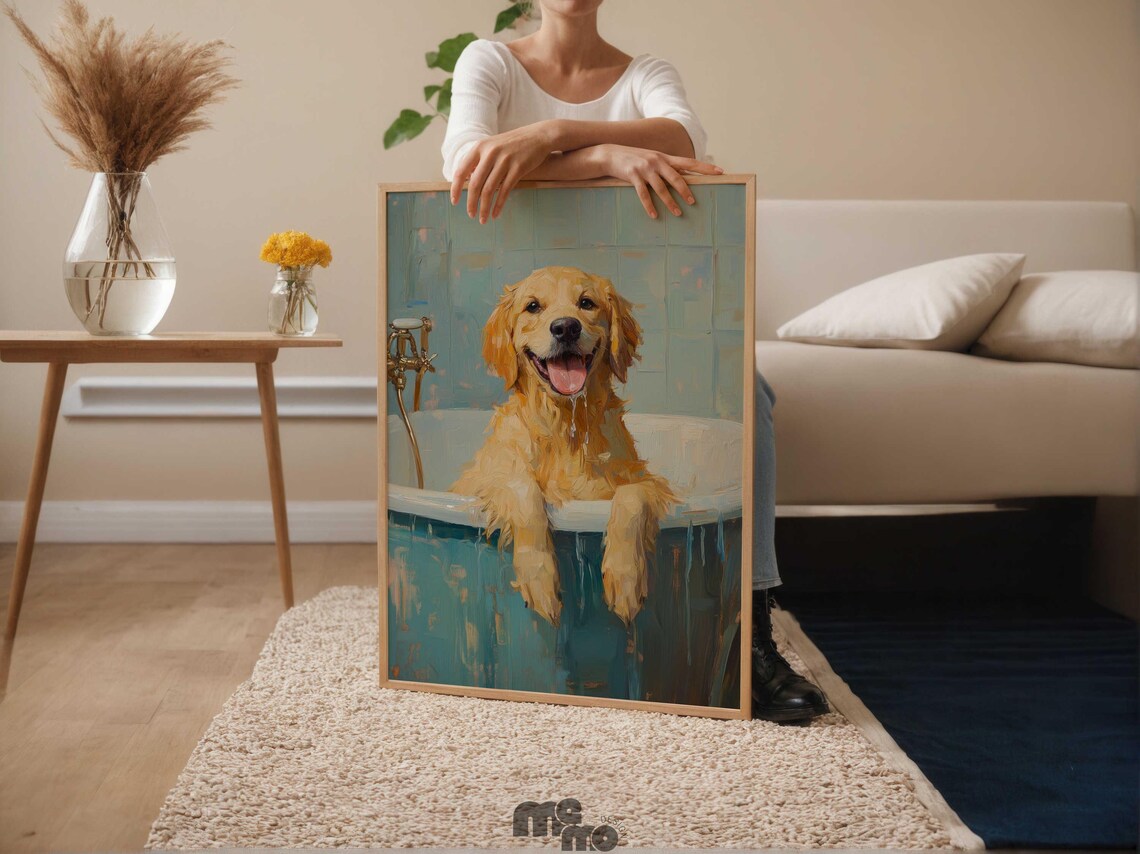 Golden Retriever Dog Bath Art Print, Funny Portrait - Image 6
