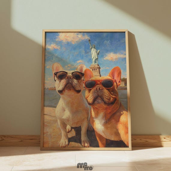 Statue Of Liberty Dog Wall Art Funny French Bulldog Selfie In Nyc Painting Lovers Vintage Poster Gift Decor