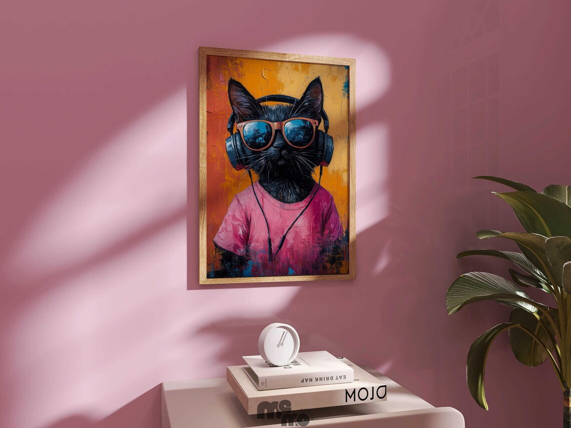 Dj Black Cat, Funny Retro Oil Painting Art Print - Image 4