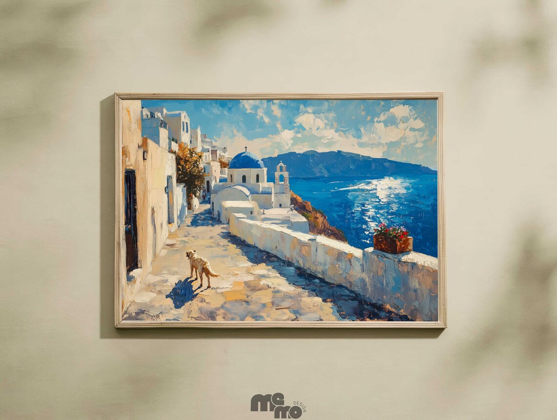 Santorini Greece Dog Oil Painting Poster Blue Dome Church Aegean