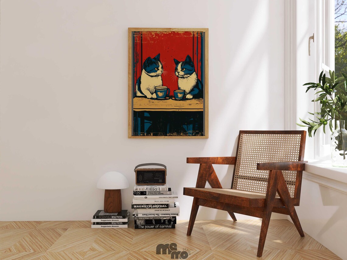 Funny Cat Art, Vintage Cats On Date In Coffee Shop - Image 3